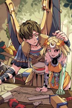 1boy 1girl ancient_greek_clothes black_sclera blonde_hair brown_eyes brown_hair colored_sclera commentary dress english_commentary greco-roman_clothes green_eyes hades_(series) hades_2 height_difference heterochromia icarus_(hades) laurel_crown looking_at_another lucylee158 mechanical_wings melinoe_(hades) mismatched_sclera orange_dress red_eyes short_hair table wings