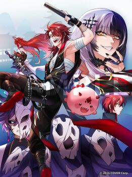 Rule 34 | 2girls, 3boys, architecture, armpits, bandaged arm, bandages, bandolier, banzoin hakka, belt, black choker, black gloves, black hair, black nails, black pants, black sclera, blue eyes, boots, bullet, chest sarashi, choker, colored sclera, commentary, copyright notice, corruption beast (holostars english), creature, east asian architecture, elizabeth rose bloodflame, english commentary, evil grin, evil smile, fangs, fingerless gloves, fishnet gloves, fishnets, from behind, gloves, grin, gun, hair ornament, hair over one eye, hairclip, highres, holding, holding gun, holding sword, holding weapon, hololive, hololive english, holostars, holostars english, hoto 11010, jewelry, jurard t rexford, leg up, long hair, machina x flayon, medium hair, multicolored hair, multiple boys, multiple girls, multiple rings, nail polish, official art, open mouth, pants, purple hair, red eyes, red hair, ring, sample watermark, sarashi, shaded face, sharp teeth, shiori novella, short hair, skull, smile, sorawrity (jurard t rexford), split-color hair, sword, teeth, thorn (elizabeth rose bloodflame), virtual youtuber, watermark, weapon, white hair, yellow eyes