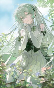 1girl absurdres ahoge bare_shoulders blue_flower closed_mouth day dress elbow_gloves enddie1060_(tyasakura) flower gloves grey_dress grey_eyes grey_gloves grey_hair hair_between_eyes hatsune_miku highres interlocked_fingers leaf light_particles long_hair outdoors own_hands_clasped own_hands_together pink_flower plant pleated_dress sleeveless sleeveless_dress smile solo vocaloid