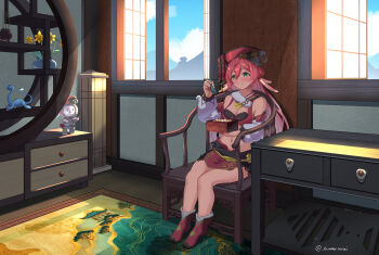1girl absurdres ankle_boots antlers bare_shoulders black_bloomers black_bra bloomers blue_sky blush boots bra breasts chair chinese_commentary cleavage closed_mouth cloud commentary_request crop_top day deer_antlers detached_sleeves doll eating full_body genshin_impact green_eyes hair_between_eyes hat highres horns indoors kramer-sensei labubu long_hair looking_to_the_side medium_breasts midriff navel on_chair open_window pink_hair plant pop_mart potted_plant red_boots red_hat red_skirt shadow shelf sidelocks sitting skirt sky solo table twitter_username underwear white_sleeves window xiezhi_guan yanfei_(genshin_impact)