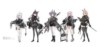 020ouroboros 5girls animal_ear_fluff animal_ears arknights asymmetrical_legwear bang_dream! bang_dream!_it's_mygo!!!!! black_boots black_choker black_gloves black_pantyhose black_shirt black_shorts black_thighhighs blue_eyes boots breasts brown_eyes brown_hair cat_ears cat_girl chihaya_anon chinese_text choker closed_mouth dog_ears dog_girl fox_ears fox_girl full_body gloves grey_gloves grey_hair grey_jacket grey_shorts grey_socks head_wings heterochromia highres holding holding_sword holding_weapon holding_whip horse_ears horse_girl jacket kaname_raana kemonomimi_mode large_breasts mole mole_under_eye multiple_girls mygo!!!!!_(bang_dream!) nagasaki_soyo open_clothes open_jacket pantyhose pantyhose_under_shorts purple_eyes raana_the_cat shield shiina_taki shirt short_hair shorts sidelocks simple_background single_leg_pantyhose single_thighhigh skindentation socks sword takamatsu_tomori thighhighs translation_request weapon whip white_background white_hair white_pantyhose white_thighhighs wings yellow_eyes zettai_ryouiki