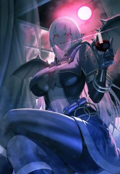 1girl breasts commentary_request commission crossed_legs cup curtains dress drinking_glass duel_monster full_moon grey_hair holding holding_cup large_breasts moon open_window pantyhose pointy_ears red_eyes red_moon sayaka_ikku sitting skeb_commission solo vampire_vamp window wine_glass yu-gi-oh!