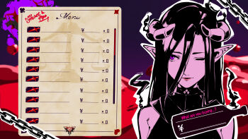 1girl absurdres armpit_crease chain character_name commentary commission demon_girl demon_horns dress english_commentary hair_between_eyes highres horns long_hair long_hair_between_eyes mole mole_under_eye nakano_maru one_eye_closed original outline persona persona_5 pixiv_commission pointy_ears purple_eyes sleeveless sleeveless_dress solo template upper_body user_interface white_outline yen_sign