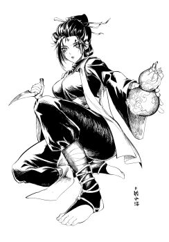 Rule 34 | absurdres, asymmetrical bangs, black hair, black myth: wukong, bridal legwear, chinese clothes, facial mark, feet, fourth sister (black myth: wukong), gourd, greyscale, hair ornament, highres, holding, holding gourd, holding knife, knife, legs, ling luo xi yang, long hair, looking to the side, makeup, monochrome, parted lips, runny makeup, sketch, soles, stirrup legwear, straight hair, toeless legwear, translation request, white background