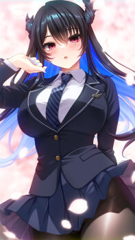 1girl :o alternate_costume artist_request asymmetrical_horns black_hair black_jacket black_necktie black_skirt black_vest blazer blue_hair breasts clothing_cutout collared_shirt colored_inner_hair dress_shirt flower fortissimo hair_ornament highres hololive hololive_english horn_flower horns jacket large_breasts long_hair long_sleeves miniskirt mole mole_under_eye multicolored_hair musical_note musical_note_hair_ornament necktie nerissa_ravencroft open_mouth pleated_skirt purple_eyes ribbed_shirt shirt side_slit sidelocks skirt solo tassel tassel_hair_ornament uneven_horns very_long_hair vest virtual_youtuber white_background white_shirt