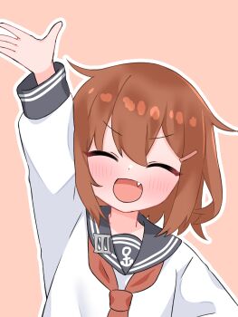 1girl anchor_print anchor_symbol arm_up blush brown_hair closed_eyes fang hair_ornament hairclip highres ikazuchi_(kancolle) kantai_collection long_sleeves looking_at_viewer matu_(matu19) neckerchief open_mouth pin pink_background print_shirt red_neckerchief school_uniform serafuku shirt short_hair smile standing upper_body waving white_shirt