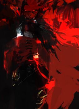 1boy alternate_form cape clawed_gauntlets commentary dirge_of_cerberus:_final_fantasy_vii english_commentary final_fantasy final_fantasy_vii floating_hair glowing glowing_eyes hair_over_one_eye headband hey53orz highres long_hair male_focus one_eye_covered red_cape red_eyes red_headband vincent_valentine