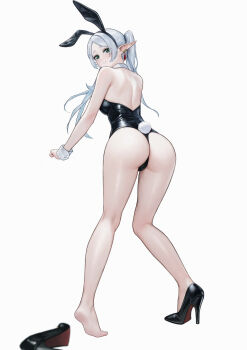 1girl absurdres animal_ears ass black_leotard breasts commentary elf fake_animal_ears frieren from_behind green_eyes high_heels highres leotard long_hair looking_at_viewer looking_back playboy_bunny pointy_ears rabbit_ears simple_background single_bare_foot small_breasts soles solo sousou_no_frieren toes twintails white_background white_hair yuhou_rainbow