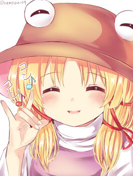 Rule 34 | 1girl, :d, ^ ^, blonde hair, brown hat, closed eyes, commentary request, eighth note, facing viewer, fox shadow puppet, hair ribbon, hand up, hat, highres, medium hair, moriya suwako, musical note, open mouth, purple vest, ramudia (lamyun), red ribbon, ribbon, shirt, smile, solo, touhou, tress ribbon, upper body, vest, white shirt
