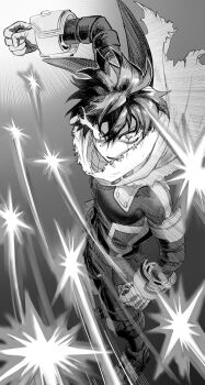 1boy absurdres boku_no_hero_academia cape covered_pectorals freckles from_above full_body greyscale hashtag-only_commentary highres male_focus midoriya_izuku monochrome pectorals short_hair solo standing tmrm0404 torn_cape torn_clothes