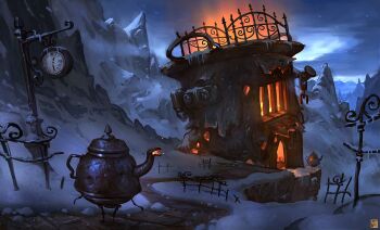 architecture artist_logo building clock creature fantasy fence fog glowing highres iron_fence lantern logo mountain night no_humans original outdoors path railing road rock scenery sky snow standing teapot walking waltjan wide_shot window_light winter