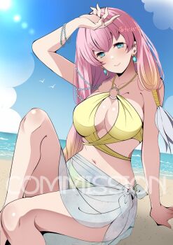 1girl alternate_costume bare_shoulders beach bikini bird blonde_hair blue_eyes blue_sarong blue_sky blush bracelet breasts cleavage closed_mouth cloud collarbone commission earrings fe135700 fire_emblem fire_emblem_heroes gradient_hair gunnthra_(fire_emblem) hair_ornament highres jewelry large_breasts long_hair multicolored_hair navel nintendo ocean one_eye_closed outdoors pink_hair sarong see-through_clothes see-through_sarong skeb_commission sky smile solo stomach swimsuit water yellow_bikini