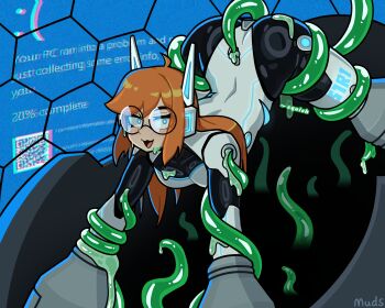 bodysuit cockpit commission error_message glasses latex latex_bodysuit mecha_pilot_suit muds original red_hair tentacles