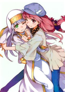 2girls absurdres blue_pants blush bow newsboy_cap cheek-to-cheek clenched_hands closed_mouth collared_shirt denim feet_out_of_frame green_eyes grey_hair habit haimura_kiyotaka hair_bow hat heads_together highres hug index_(toaru_majutsu_no_index) jeans light_blush long_hair looking_at_viewer meigo_arisa multiple_girls nose_blush nun official_art one_eye_closed own_hands_clasped own_hands_together pants photoshop_(medium) pink_eyes pink_hair safety_pin shirt simple_background smile toaru_majutsu_no_index toaru_majutsu_no_index:_endymion_no_kiseki white_background white_headwear wing_collar