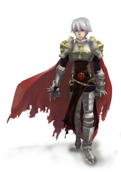 1boy armor armored_boots belt black_belt boots breastplate brown_tabard cape chainmail closed_mouth commentary_request cross cross_of_prontera expressionless full_body leg_armor looking_at_viewer lord_knight_(ragnarok_online) male_focus pauldrons ragnarok_online red_cape red_eyes seyren_windsor short_hair shoulder_armor simple_background sixc solo spiked_gauntlets tabard torn_cape torn_clothes walking white_background white_hair