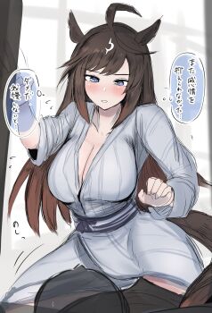 Rule 34 | 1girl, absurdres, ahoge, alternate costume, animal ears, blue eyes, breasts, brown hair, cleavage, commentary request, duramente (umamusume), highres, horse ears, horse girl, japanese clothes, kanikama25, kimono, long hair, multicolored hair, obi, sash, speech bubble, thought bubble, translation request, umamusume, white hair