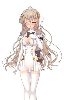 1girl ^_^ ahoge arm_at_side black_bow blush bow bowtie braid breasts brown_hair cleavage closed_eyes detached_collar diamond_hair_ornament dress elbow_gloves facing_viewer game_cg genseishinki_sacred_virth gloves hair_bow hair_ornament hand_on_own_chest jewelry large_breasts large_variant_set long_hair magical_girl non-web_source nose_blush official_art open_mouth sacred_claire short_dress short_sleeves smile solo standing thighhighs tierna_aeride_throne transparent_background variant_set very_long_hair wavy_hair white_bow white_dress white_gloves white_thighhighs yuugure_pairo zettai_ryouiki