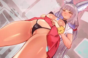 1girl animal_ear_fluff animal_ears averting_eyes black_panties blush breasts cat_ears cat_girl commentary_request covered_erect_nipples grey_hair heart highres large_breasts lifting_own_clothes long_hair looking_to_the_side nia_(blade)_(xenoblade) nia_(xenoblade) panties partially_visible_vulva print_panties r123 solo squiggle standing thighs underwear very_long_hair xenoblade_chronicles_(series) xenoblade_chronicles_2 yellow_eyes