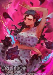 Rule 34 | 1girl, arm up, breasts, commentary request, copyright name, cowboy shot, dress, floating hair, flower, hair slicked back, holding, holding clothes, holding dress, long hair, nijimaarc, official art, one piece, purple flower, purple rose, red eyes, rose, skirt hold, sleeveless, sleeveless dress, solo, turtleneck, turtleneck dress, viola (one piece)