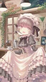 1girl :d apron black_bow black_dress bow breasts brown_eyes brown_hair coffee coffee_grinder coffee_pot collared_shirt commentary_request cup dress dress_shirt female_focus frilled_apron frills highres layered_sleeves long_sleeves looking_at_viewer maid maid_headdress muted_color open_mouth original puffy_short_sleeves puffy_sleeves ribbon_trim saucer shirt short_over_long_sleeves short_sleeves skirt_hold small_breasts smile solo white_apron window yumeichigo_alice