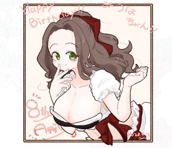 1girl blush border bow breasts brown_hair cleavage closed_mouth collarbone forehead frilled_shirt frills green_eyes hair_bow hands_up happy_birthday large_breasts long_hair looking_at_viewer olto_rondo original outside_border red_bow shirt short_sleeves skirt smile solo translation_request upper_body white_border white_shirt white_skirt yellow_background