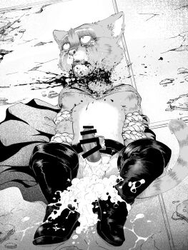 1boy after_anal after_rape aftersex animal_penis arms_behind_back belt blank_stare blood blood_in_mouth blood_on_clothes boots bound bound_arms cape cat_boy cat_penis censored corpse crack cum cum_in_ass cum_in_footwear cum_on_clothes death debris decapitation erection ero_guro furry furry_male gagoronn guro highres lying monochrome on_back penis precum puss_in_boots:_the_last_wish puss_in_boots_(shrek) rope shrek_(series) solo spanish_commentary tabby_cat tears testicles