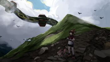 1girl brown_hair cloud day full_body gen_3_pokemon gloves grey_gloves highres kmusy_mp4 legendary_pokemon may_(pokemon) mountain nintendo outdoors path pokemon pokemon_(creature) pokemon_rse rayquaza red_footwear road rock skitty standing swablu