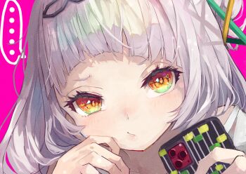 ... 1girl :t arched_bangs blush cellphone commentary grey_hair hair_bun hair_ornament hairband hand_on_own_cheek hand_on_own_face highres holding holding_phone hololive long_hair looking_at_viewer murasaki_shion nyucha phone pink_background portrait pout shirt short_eyebrows side_up_bun simple_background single_side_bun smartphone solo speech_bubble spoken_ellipsis t-shirt triangle_hair_ornament virtual_youtuber white_shirt yellow_eyes