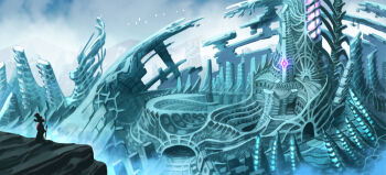 1other ambiguous_gender blue_sky commentary_request day fog holding holding_staff nagi_itsuki original outdoors pixiv_fantasia pixiv_fantasia_revenge_of_the_darkness scenery silhouette sky staff