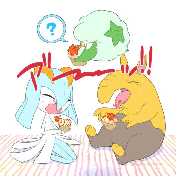 ? alternate_color artist_name blue_skin closed_eyes colored_skin cottonee dark_skin drowzee eating food gen_1_pokemon gen_3_pokemon gen_5_pokemon highres kirlia kokuren multicolored_skin nintendo open_mouth orange_eyes pokemon pokemon_(creature) shiny_pokemon simple_background sitting tongue tongue_out two-tone_skin white_background white_skin yellow_skin