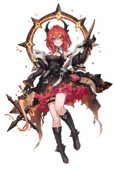 1girl absurdres arknights arknights:_endfield bare_shoulders black_boots black_dress black_gloves boots commentary demon_girl demon_horns dress full_body gloves highres holding holding_sword holding_weapon horns knee_boots kokukyukeo laevatain_(arknights) looking_at_viewer purple_eyes red_hair short_hair simple_background sleeveless sleeveless_dress slit_pupils solo surtr_(arknights) sword symbol-only_commentary tachi-e thigh_strap thighs two-tone_dress weapon white_background