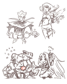 2boys 2girls arlon_(kid_icarus) arm_vines child commentary_request cragalanche creature cup dated_commentary facial_hair flying_sweatdrops holding holding_kettle index_finger_raised kettle kid_icarus kid_icarus_uprising long_mustache midriff multiple_boys multiple_girls mustache navel nintendo nopepe old old_man one_eye_closed phosphora plant puff_of_air side_ponytail sketch spot_color tea teacup very_long_mustache vines viridi