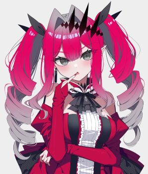 1girl baobhan_sith_(fate) baobhan_sith_(first_ascension)_(fate) bare_shoulders blush breasts center_frills detached_collar detached_sleeves dress earrings fate/grand_order fate_(series) frills grey_eyes hashtag-only_commentary highres hoshino_reiji jewelry large_breasts long_hair looking_at_viewer open_mouth pink_hair pointy_ears red_dress sidelocks solo tiara twintails