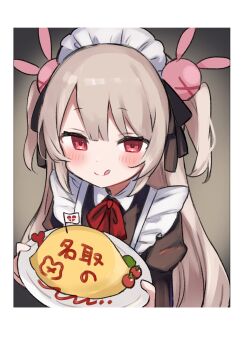 Rule 34 | 1girl, :q, alternate costume, apron, black background, black ribbon, black shirt, blonde hair, blush, character name, cherry tomato, closed mouth, commentary request, dot nose, enmaided, food, food writing, frilled apron, frills, gradient background, grey background, hair ornament, hair ribbon, heart, heart print, highres, holding, holding plate, inset border, long hair, looking at viewer, maid, maid apron, maid headdress, mini flag, natori sana, neck ribbon, neku01n, omelet, omurice, plate, polaroid photo, rabbit hair ornament, raised eyebrows, red eyes, red ribbon, ribbon, sana channel, shirt, solo, split mouth, tomato, tongue, tongue out, translation request, two side up, upper body, virtual youtuber, white background