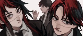 Rule 34 | 1girl, 2boys, black hair, black jacket, black necktie, chainsaw man, cigarette, collared shirt, facial hair, formal clothes, highres, holding, holding cigarette, jacket, kurose yuutarou, looking at viewer, looking to the side, medium hair, multicolored hair, multiple boys, nakano (2 mannaka), necktie, scar, scar on face, shirt, short hair, sideways glance, simple background, stubble, subaru (chainsaw man), suit, tendou michiko, two-tone hair, white background, white shirt