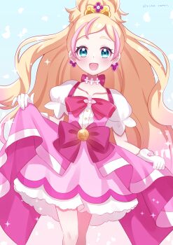 Rule 34 | 1girl, absurdres, aqua eyes, blonde hair, blue eyes, blush, bow, choker, collarbone, commentary, cure flora, earrings, forehead, frilled skirt, frills, gloves, go! princess precure, gradient hair, hair ornament, half updo, haruno haruka, highres, jewelry, long hair, looking at viewer, magical girl, multicolored hair, open mouth, petticoat, pink bow, pink hair, pink skirt, precure, puffy short sleeves, puffy sleeves, ribbon, short sleeves, skirt, skirt hold, smile, solo, streaked hair, tilly ira 10, twitter username, two-tone hair, very long hair, waist bow, wavy hair, white gloves