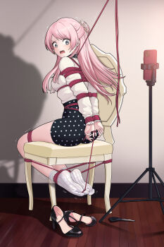 1girl absurdres arms_behind_back bang_dream! bang_dream!_it's_mygo!!!!! bdsm bondage bound bound_ankles bound_arms bound_legs bound_thumbs bound_toes bound_torso bound_wrists cellphone chair chihaya_anon commission crotch_rope female_focus highres indoors long_hair peril phone pink_hair scissors shibari shibari_over_clothes shirt shoes sitting skindentation socks soles solo unworn_shoes variant_set white_shirt white_socks wooden_floor yanx5