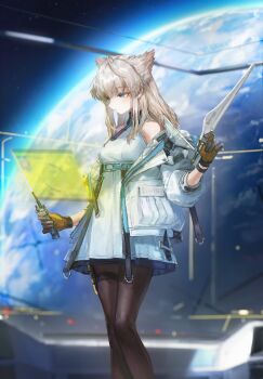 Rule 34 | 1girl, absurdres, arknights, arknights: endfield, bare shoulders, black pantyhose, blue eyes, blush, breasts, brown gloves, closed mouth, commentary, dress, earth (planet), gloves, head wings, highres, holding, holding stylus, holding tablet pc, holster, jacket, long hair, open clothes, open jacket, pantyhose, perlica (arknights), planet, quasarcake, sidelocks, sleeveless, sleeveless dress, solo, space, stylus, symbol-only commentary, tablet pc, thigh holster, white dress, white hair, white jacket, wings