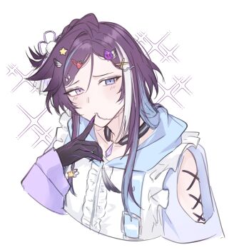 Rule 34 | 1boy, absurdres, androgynous, banzoin hakka, banzoin hakka (5th costume), bird hair ornament, black choker, black hands, blue eyes, blue hair, blush, choker, clothing cutout, colored extremities, commentary, corset piercing, cropped arms, cropped torso, face piercing, finger to mouth, food-themed hair ornament, frilled jacket, frills, hair ornament, hairclip, hakkito (banzoin hakka), heterochromia, highres, holostars, holostars english, hood, hooded jacket, jacket, light frown, lip piercing, long hair, male focus, multicolored hair, official alternate costume, piercing, purple eyes, purple hair, purple nails, saaki haruno, shoulder cutout, solo, sparkle, star (symbol), star hair ornament, strawberry hair ornament, streaked hair, tenshi kaiwai, untranslatable commentary, upper body, virtual youtuber, white background, white hair, wing hair ornament, x hair ornament
