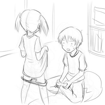 1boy 1girl aaaa_(quad-a) bad_id bad_pixiv_id blush clothes_lift controller flashing game_controller greyscale holding indian_style kneepits legs loli monochrome o_o open_mouth original panties panty_pull playing_games shirt_lift short_hair short_twintails sitting sketch standing twintails underwear