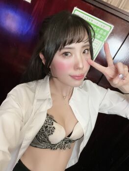 1girl asian blush bra highres japanese_(nationality) long_hair looking_at_viewer model open_clothes open_shirt photo_(medium) real_life ririkana selfie shiny_skin skindentation smile solo underwear v wide_hips