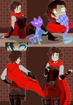 1girl ass belt blue_eyes blush boots breast_hold breasts cape cat cm_artist corruption curious_cat_(rwby) dark_persona english_text evil_smile fingerless_gloves gloves glowing glowing_eyes grey_eyes holding looking_at_another medium_breasts on_floor possessed possession red_cape red_hair ruby_rose rwby short_hair signature sitting slit_pupils smile tail vore watermark