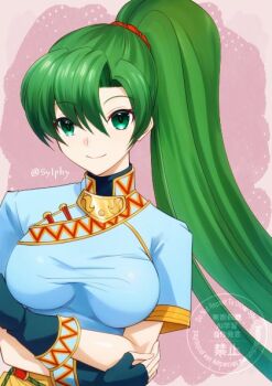 1girl arms_under_breasts blue_dress breasts closed_mouth crossed_arms dress fingerless_gloves fire_emblem fire_emblem:_the_blazing_blade gloves green_eyes green_hair high_ponytail large_breasts long_hair looking_at_viewer lyn_(fire_emblem) nintendo ponytail smile solo sylphy_fe upper_body very_long_hair