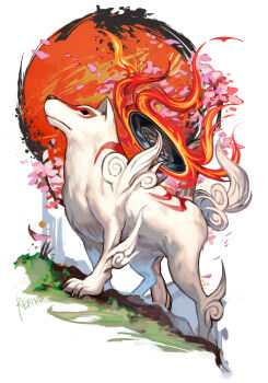 amaterasu_(ookami) animal animal_focus bodypaint cherry_blossoms claws fire hungry_clicker looking_to_the_side looking_up markings no_humans ookami_(game) reflector_(ookami) simple_background solo sun white_fur white_wolf wolf