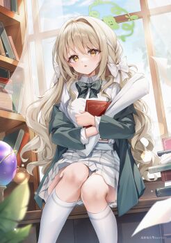 Rule 34 | absurdres, blonde hair, blue archive, blush, book, bow, braid, brown eyes, commentary request, diagonal-striped bow, green bow, green halo, green jacket, guzangnanfeng, hair bow, halo, highres, holding, holding book, holding scroll, jacket, kneehighs, long hair, looking at viewer, miyo (blue archive), open mouth, scroll, shirt, sitting, skirt, socks, striped bow, white bow, white shirt, white skirt, white socks