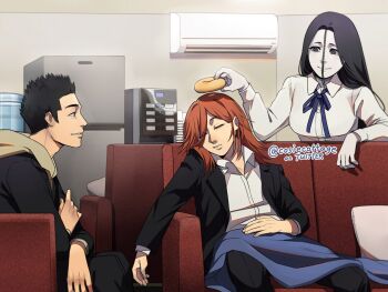 Rule 34 | 1girl, 2boys, air conditioner, angel devil (chainsaw man), bagel, black hair, black jacket, blanket, blue ribbon, brown hair, chainsaw man, closed eyes, coffee maker, collared shirt, cosiecottage, couch, food, hirokazu arai (chainsaw man), holding, holding food, hood, jacket, long hair, multiple boys, on couch, out of character, pale skin, princi (chainsaw man), refrigerator, ribbon, shirt, sleeping, smile, spiked hair, twitter username, white shirt