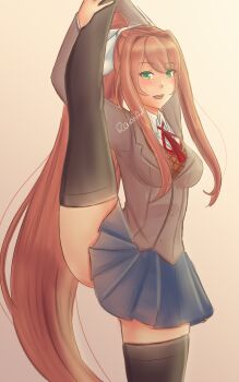 1girl absurdres doki_doki_literature_club flexible highres looking_at_viewer monika_(doki_doki_literature_club) raion_(raionart) smile split split_mouth standing standing_on_one_leg standing_split tagme