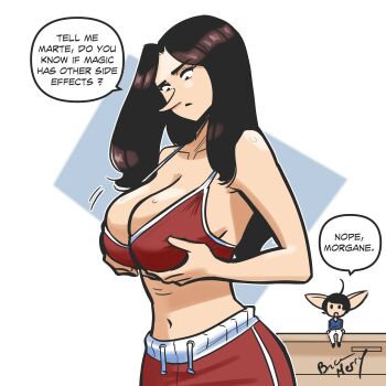 Rule 34 | 1boy, 1girl, black hair, blue shirt, bra, breasts, brimerry, english text, fairy, grabbing own breast, green eyes, highres, long sleeves, marte (morgane the enchantress), morgane (morgane the enchantress), morgane the enchantress, navel, original, pants, pointy ears, red bra, red shorts, shirt, short hair, shorts, signature, sitting, speech bubble, underwear, white pants