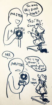 1boy 1girl angry blade_(puppet_master) boots coat comic doll donut dress food gender_request genderswap gradient_background happy hat hook monochrome puppet puppet_master_(movie)