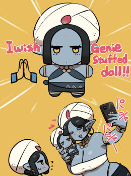 bindi black_hair blue_skin breasts character_doll cleavage colored_skin crop_top doll earrings facial_mark forehead_mark genie genie_(siva-siva) genie_mama_(siva-siva) highres hoop_earrings jewelry jitome long_pointy_ears neck_ring no_sclera original pointy_ears praying_emoji selfie simple_background siva-siva stuffed_toy turban white_turban wishing yellow_background yellow_eyes